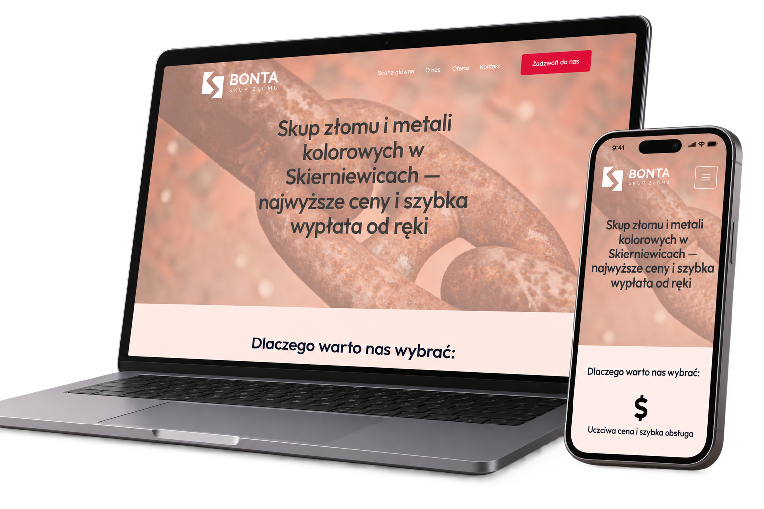 Strona internetowa BON-TA Skup Złomu w Skierniewicach – widok desktop i mobile